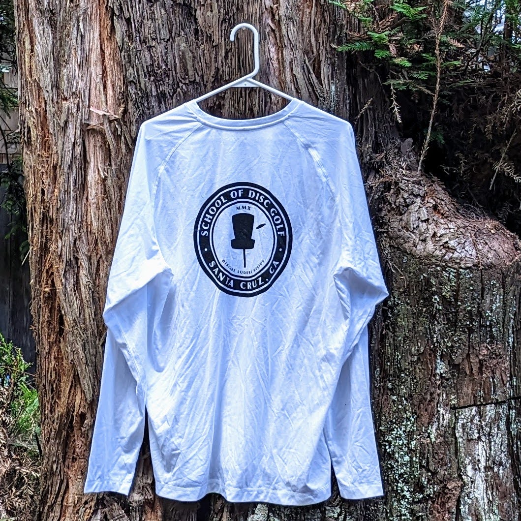 Clearance- White Long Sleeve with School of DisGolf Logo- Size XL
