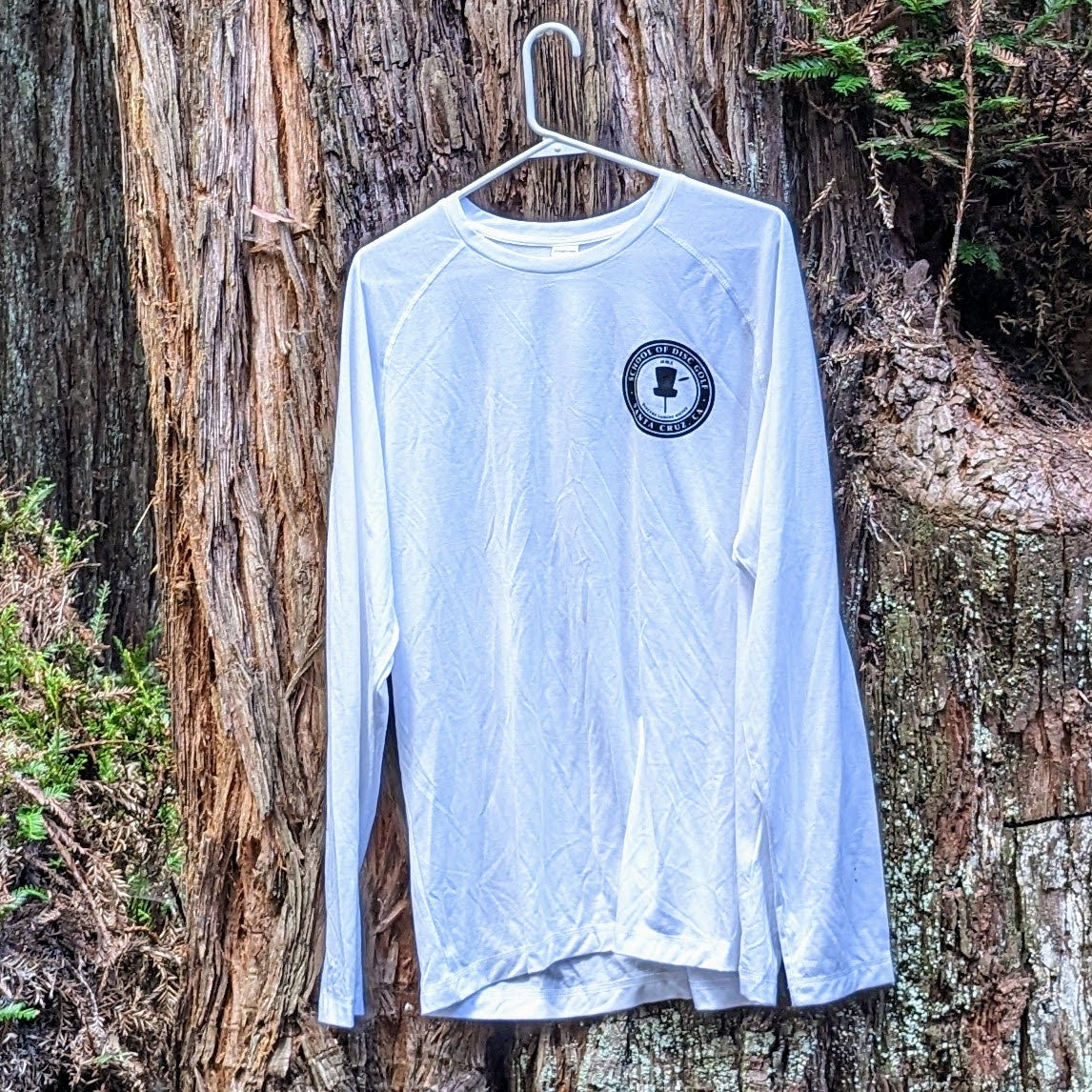 Clearance- White Long Sleeve with School of DisGolf Logo- Size XL