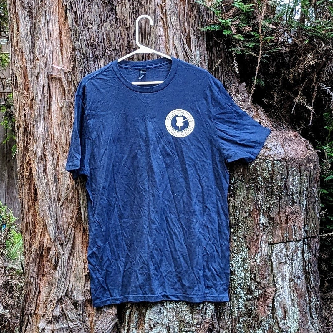 Clearance- Navy Tee with School of white School of Disc Golf logo, size XL