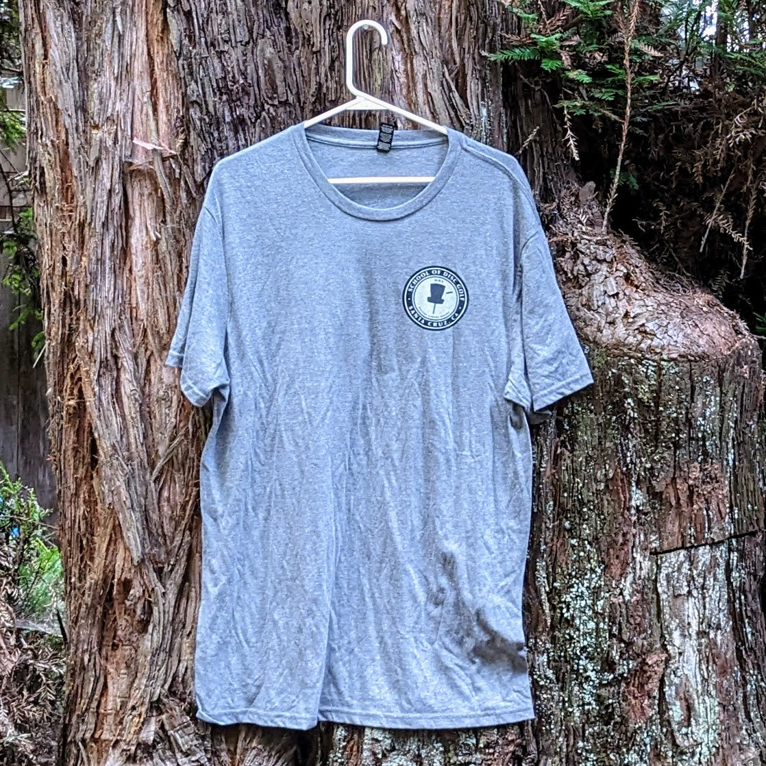 Clearance- Gray District 50/50 short sleeve tee with black and white School of Disc Golf logo front and back, size XL