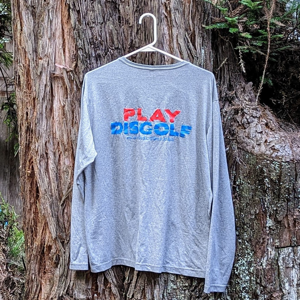 Clearance- Gray Long Sleeve with the Play DiscGolf logo front and back, Size Large