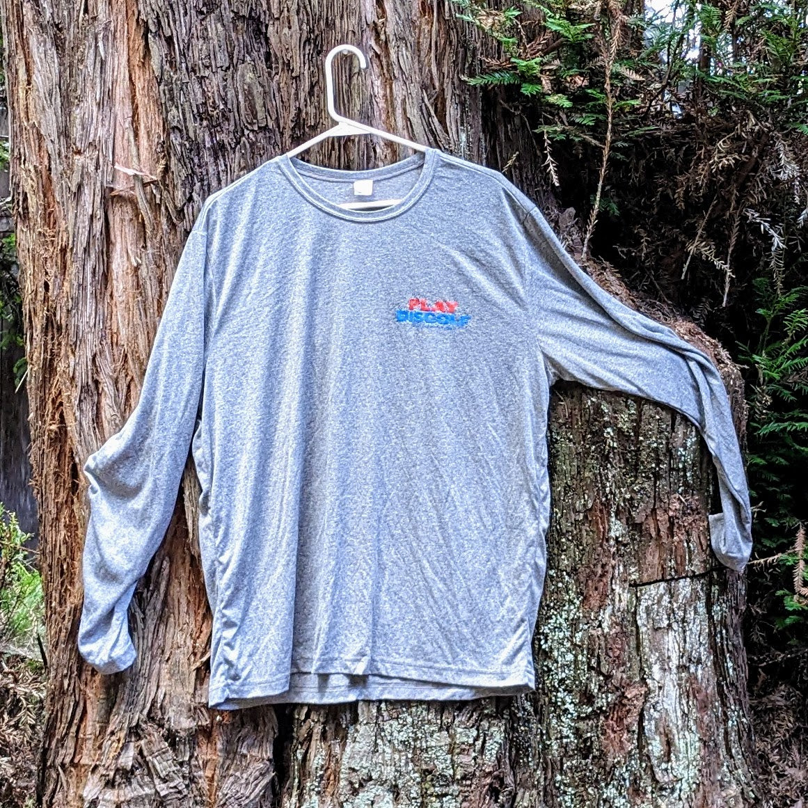 Clearance- Gray Long Sleeve with the Play DiscGolf logo front and back, Size Large